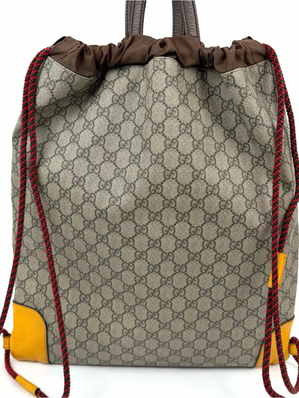 Pre Loved Gucci Beige GG Canvas Drawstring Backpack with Yellow Leather Accents